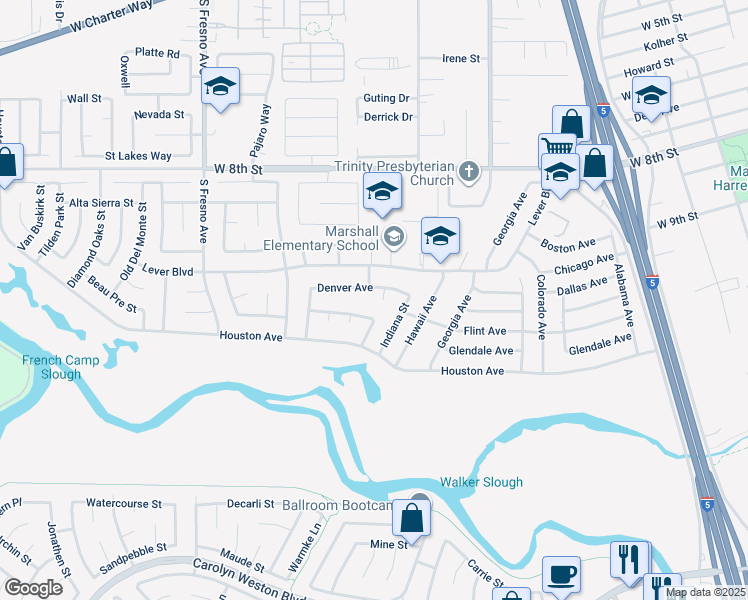 map of restaurants, bars, coffee shops, grocery stores, and more near 1240 Denver Avenue in Stockton