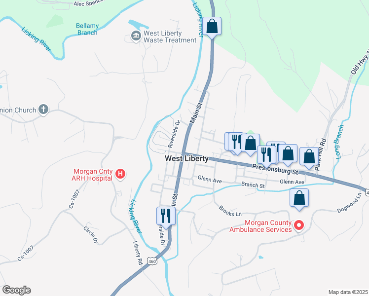map of restaurants, bars, coffee shops, grocery stores, and more near Main Street in West Liberty