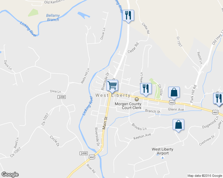 map of restaurants, bars, coffee shops, grocery stores, and more near Main Street in West Liberty