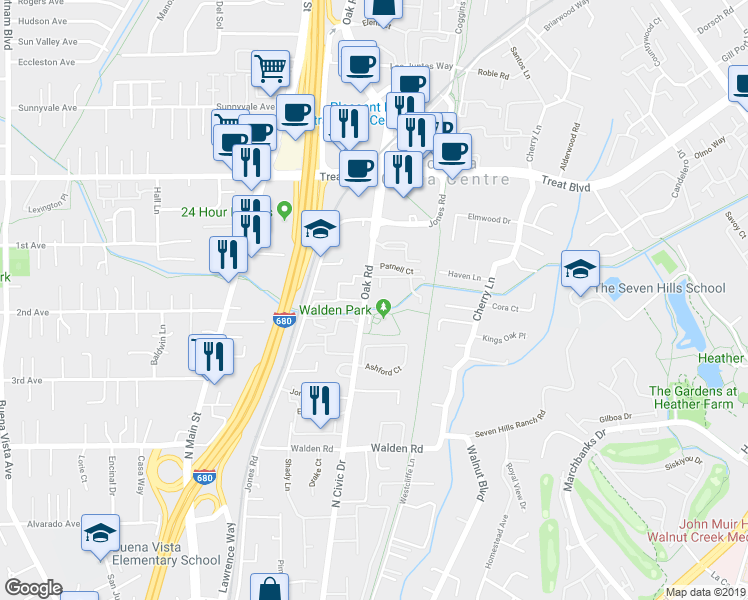 map of restaurants, bars, coffee shops, grocery stores, and more near 2698 Oak Road in Walnut Creek