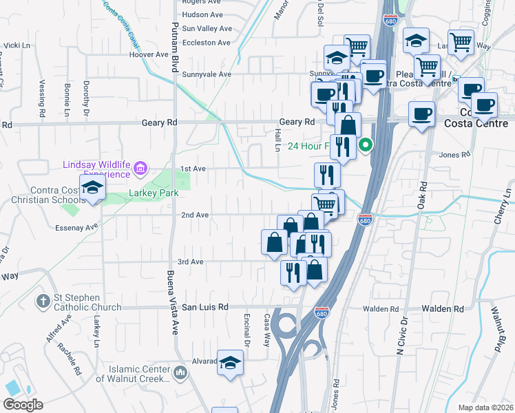 map of restaurants, bars, coffee shops, grocery stores, and more near 1651 2nd Avenue in Walnut Creek