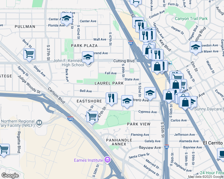 map of restaurants, bars, coffee shops, grocery stores, and more near 4725 Potrero Avenue in Richmond