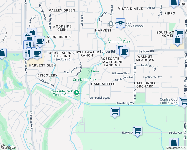 map of restaurants, bars, coffee shops, grocery stores, and more near 324 San Marino Lane in Brentwood