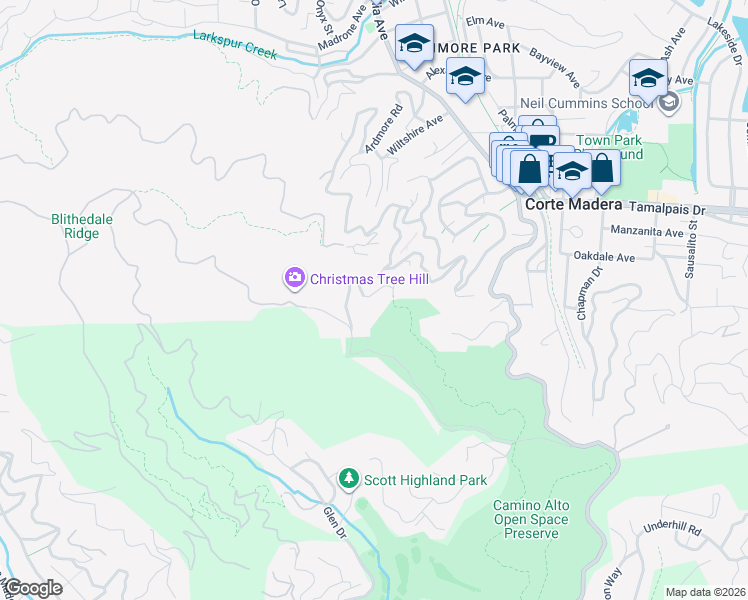 map of restaurants, bars, coffee shops, grocery stores, and more near 329 Summit Drive in Corte Madera