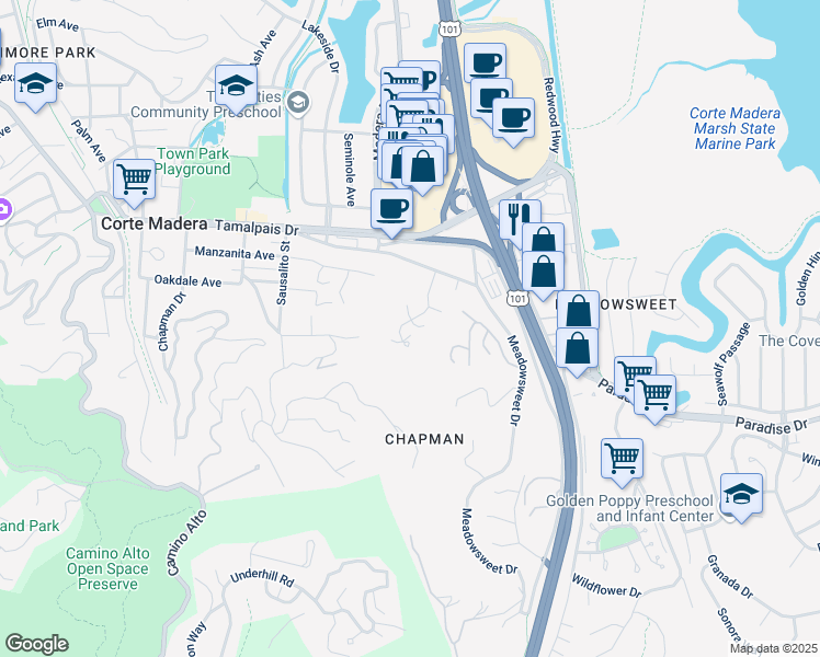 map of restaurants, bars, coffee shops, grocery stores, and more near 42 Laurel Drive in Corte Madera