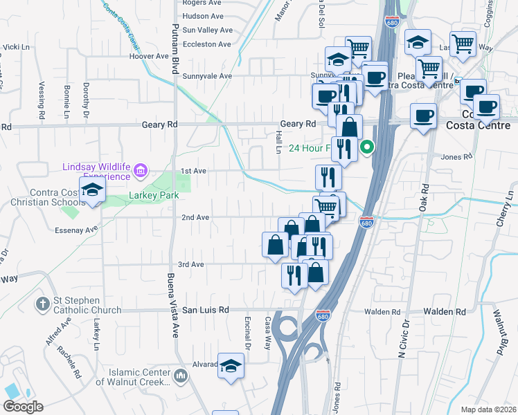 map of restaurants, bars, coffee shops, grocery stores, and more near 1651 2nd Avenue in Walnut Creek