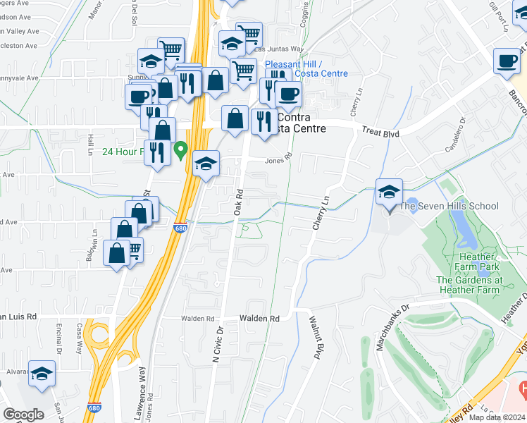 map of restaurants, bars, coffee shops, grocery stores, and more near 2716 Oak Road in Walnut Creek