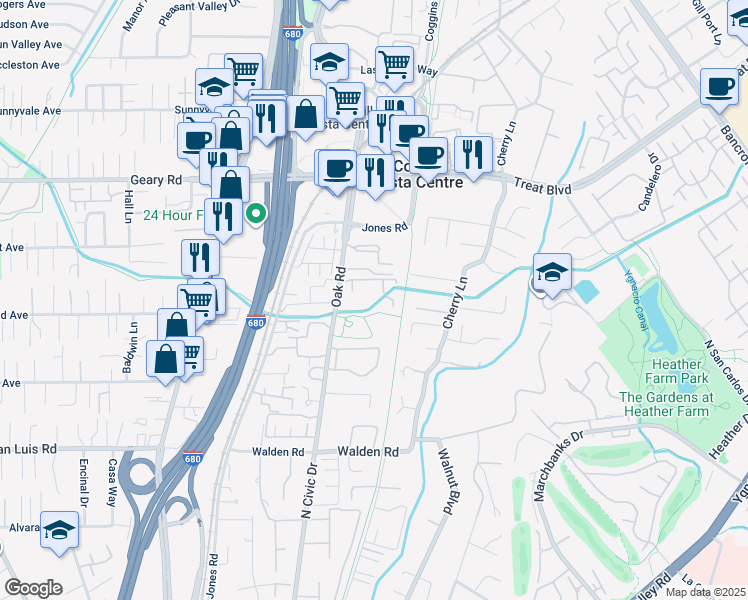 map of restaurants, bars, coffee shops, grocery stores, and more near 2724 Oak Road in Walnut Creek