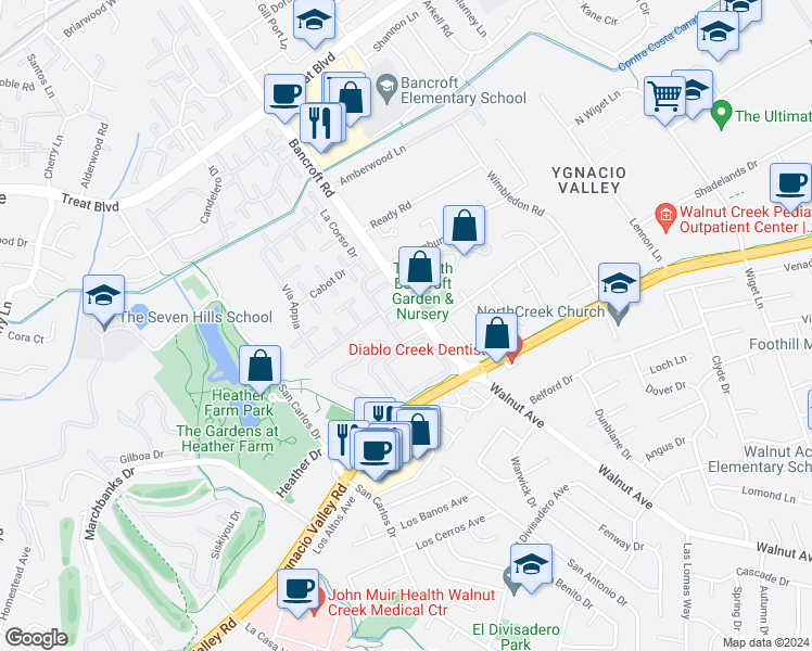 map of restaurants, bars, coffee shops, grocery stores, and more near 2030 Julius Court in Walnut Creek