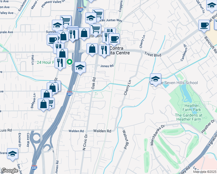 map of restaurants, bars, coffee shops, grocery stores, and more near 2716 Oak Road in Walnut Creek