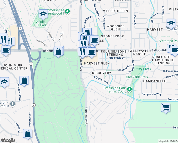 map of restaurants, bars, coffee shops, grocery stores, and more near 1381 Arlington Way in Brentwood