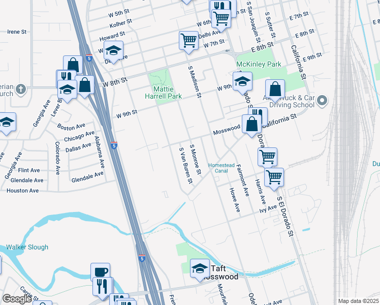 map of restaurants, bars, coffee shops, grocery stores, and more near 2641 South Monroe Street in Stockton