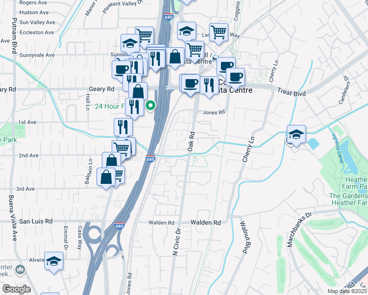 map of restaurants, bars, coffee shops, grocery stores, and more near 2709 Oak Road in Walnut Creek