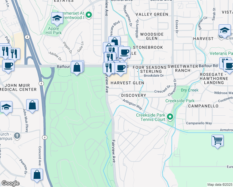 map of restaurants, bars, coffee shops, grocery stores, and more near 1381 Arlington Way in Brentwood