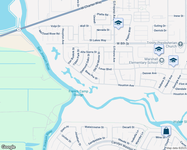 map of restaurants, bars, coffee shops, grocery stores, and more near 2053 Beau Pre Street in Stockton