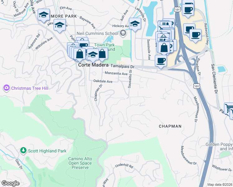 map of restaurants, bars, coffee shops, grocery stores, and more near 502 Chapman Drive in Corte Madera