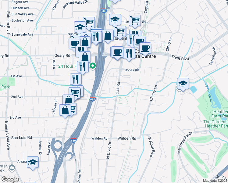 map of restaurants, bars, coffee shops, grocery stores, and more near 2709 Oak Road in Walnut Creek