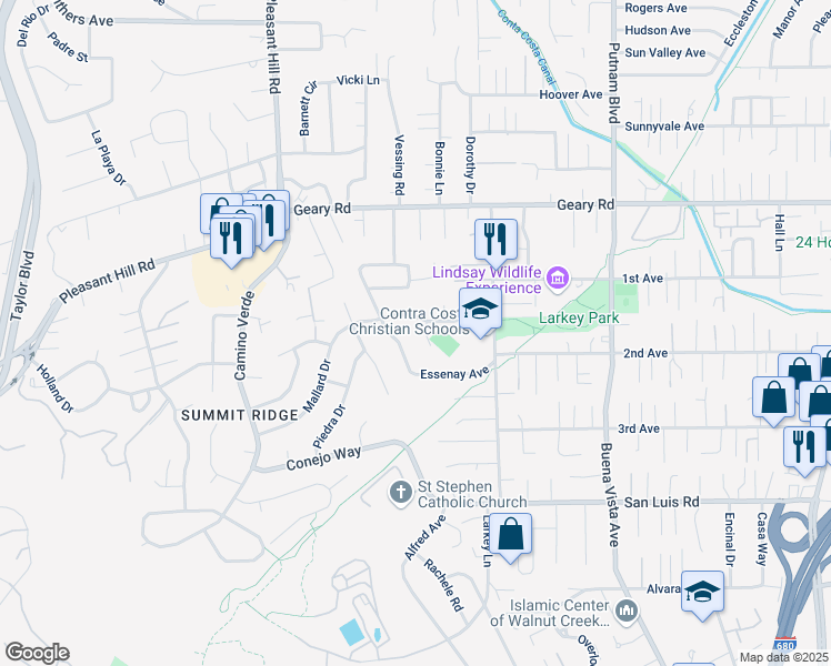 map of restaurants, bars, coffee shops, grocery stores, and more near 2038 Mallard Drive in Walnut Creek