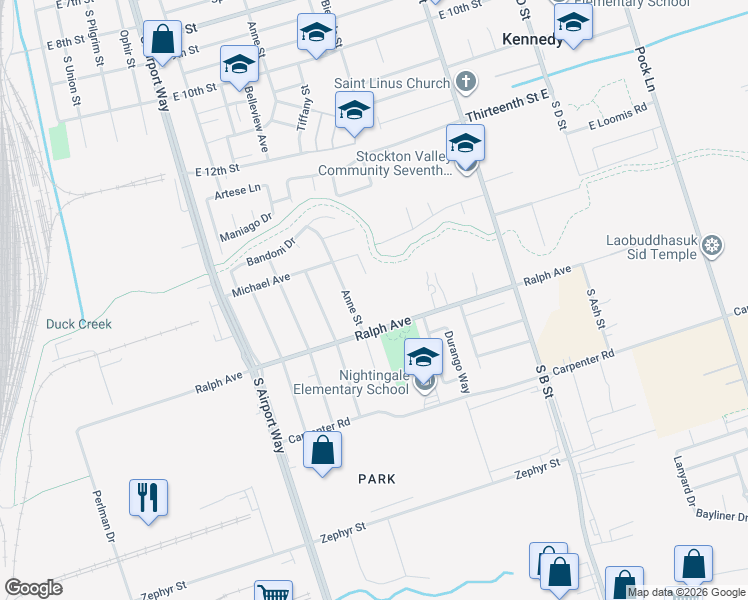 map of restaurants, bars, coffee shops, grocery stores, and more near 3076 Malisa Way in Stockton