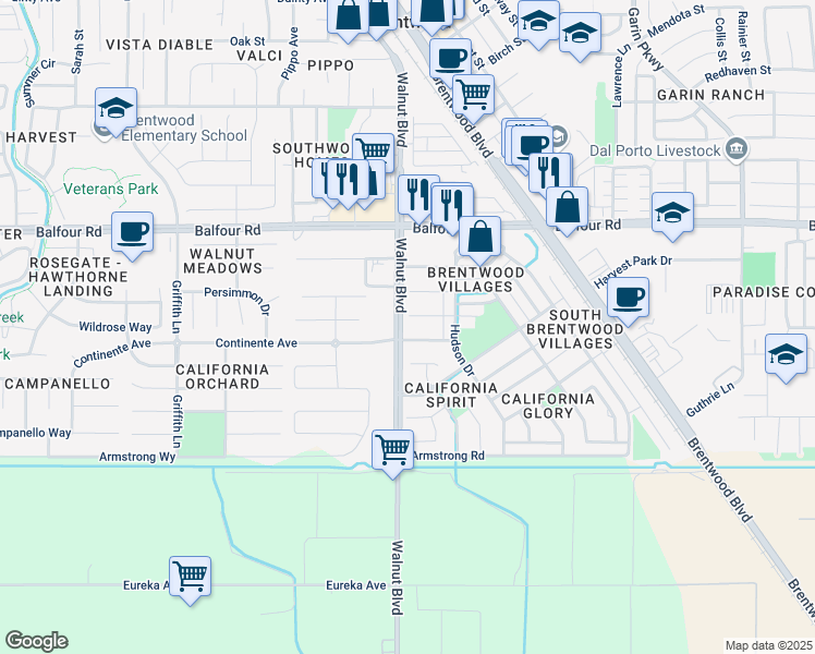 map of restaurants, bars, coffee shops, grocery stores, and more near 3381 Walnut Boulevard in Brentwood