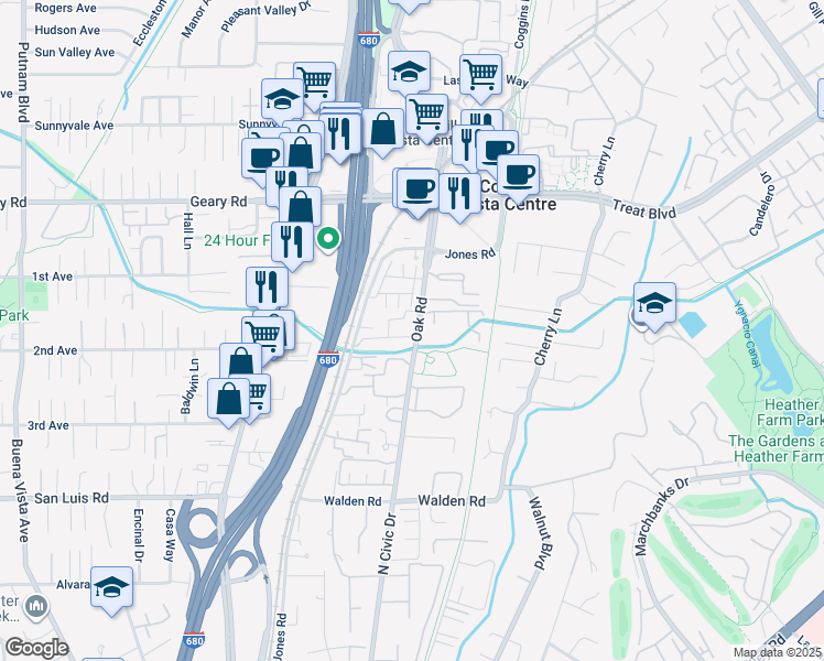 map of restaurants, bars, coffee shops, grocery stores, and more near 302 Parnell Court in Walnut Creek