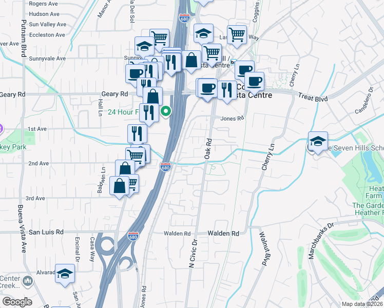 map of restaurants, bars, coffee shops, grocery stores, and more near 2723 Oak Road in Walnut Creek