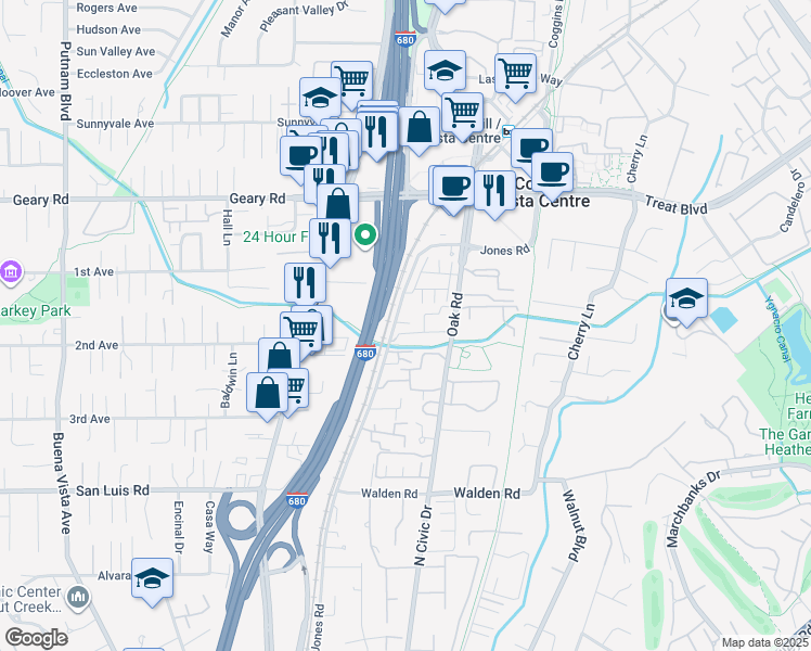 map of restaurants, bars, coffee shops, grocery stores, and more near 2723 Oak Road in Walnut Creek