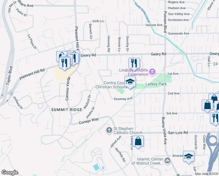 map of restaurants, bars, coffee shops, grocery stores, and more near 2084 Mallard Drive in Walnut Creek
