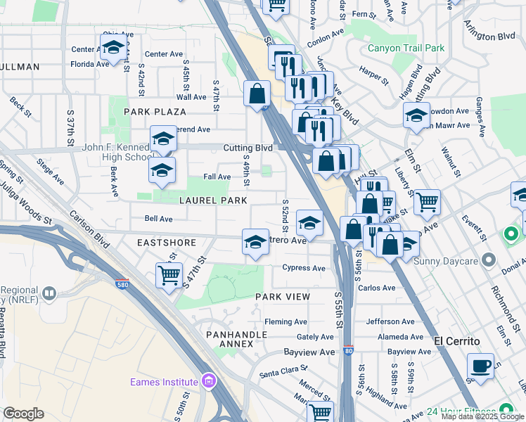 map of restaurants, bars, coffee shops, grocery stores, and more near 5029 Fray Avenue in Richmond