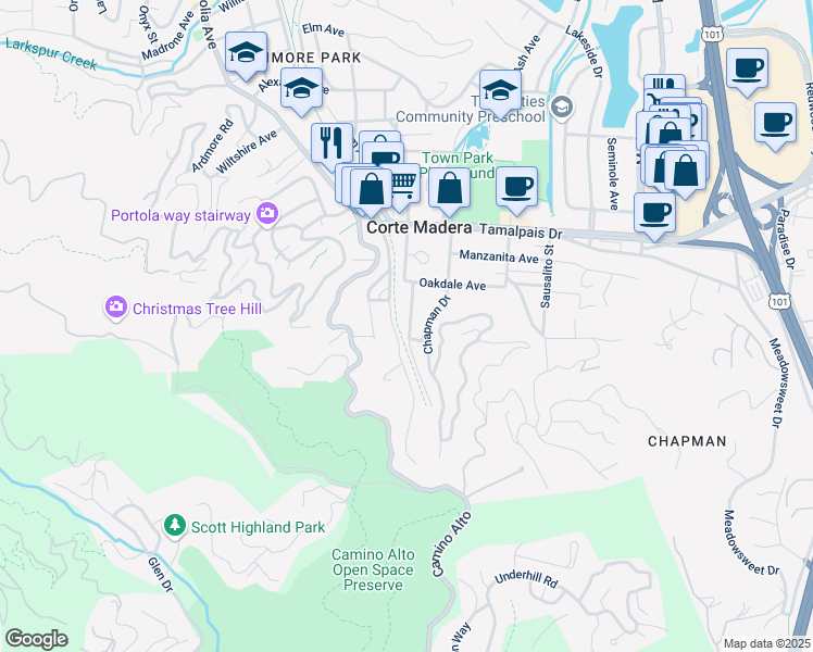 map of restaurants, bars, coffee shops, grocery stores, and more near 320 Willow Avenue in Corte Madera