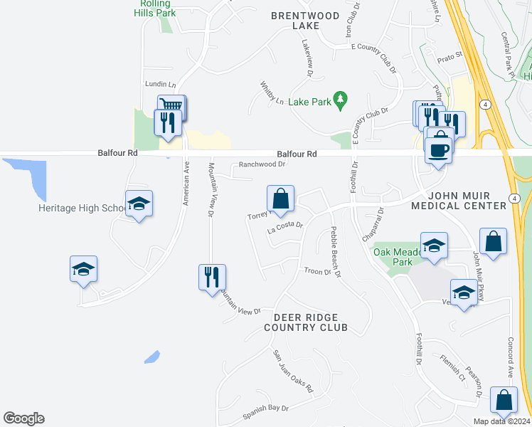 map of restaurants, bars, coffee shops, grocery stores, and more near 2626 Torrey Pines Drive in Brentwood