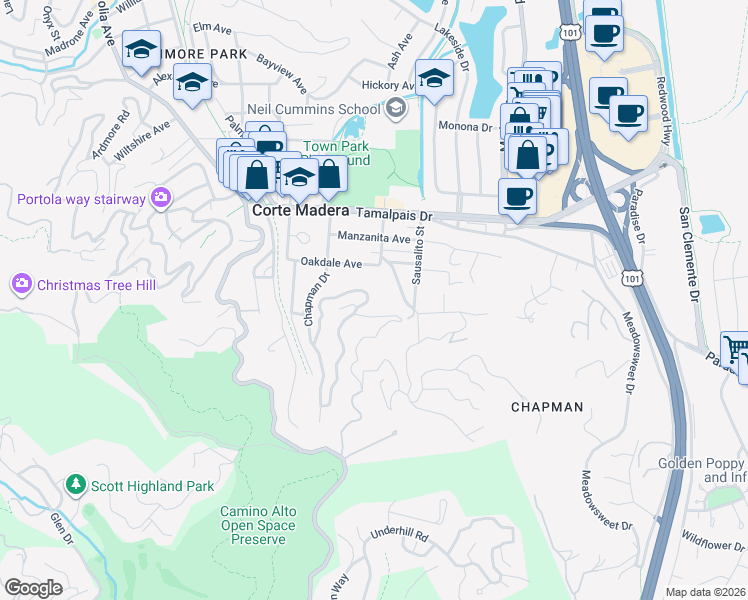 map of restaurants, bars, coffee shops, grocery stores, and more near 484 Chapman Drive in Corte Madera