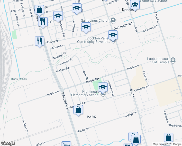 map of restaurants, bars, coffee shops, grocery stores, and more near 3076 Malisa Way in Stockton