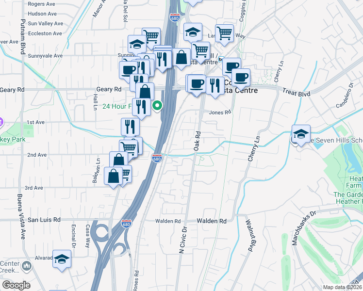 map of restaurants, bars, coffee shops, grocery stores, and more near 2723 Oak Road in Walnut Creek