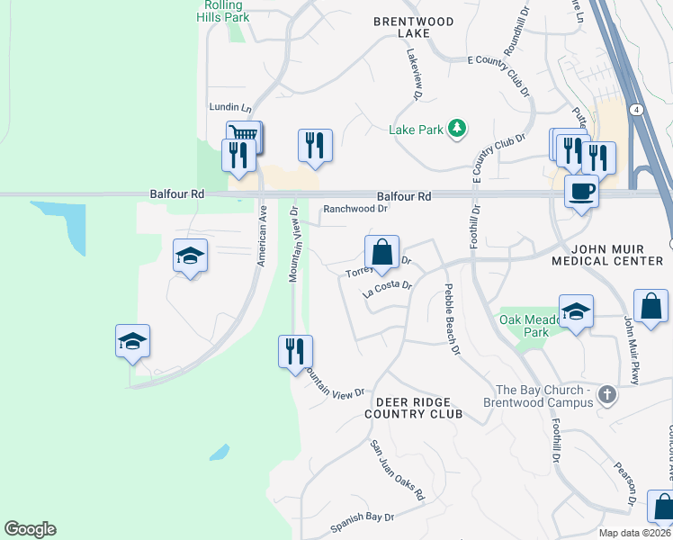 map of restaurants, bars, coffee shops, grocery stores, and more near 2637 Torrey Pines Drive in Brentwood