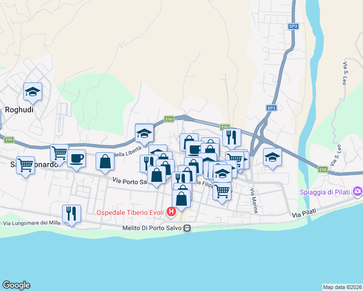 map of restaurants, bars, coffee shops, grocery stores, and more near 30 Via Stadio in Melito di Porto Salvo