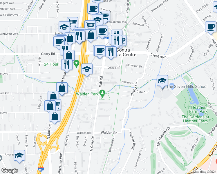 map of restaurants, bars, coffee shops, grocery stores, and more near 2716 Oak Road in Walnut Creek