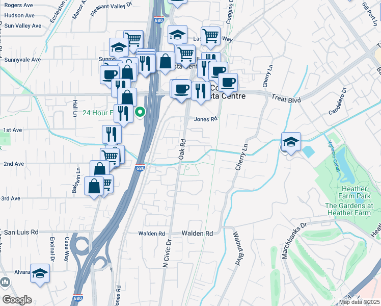 map of restaurants, bars, coffee shops, grocery stores, and more near 302 Parnell Court in Walnut Creek