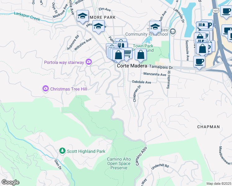 map of restaurants, bars, coffee shops, grocery stores, and more near 423 Montecito Drive in Corte Madera