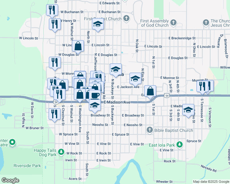 map of restaurants, bars, coffee shops, grocery stores, and more near 301-399 East Jackson Avenue in Iola