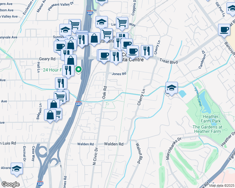 map of restaurants, bars, coffee shops, grocery stores, and more near 2724 Oak Road in Walnut Creek