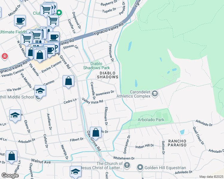 map of restaurants, bars, coffee shops, grocery stores, and more near 3334 Inverness Drive in Walnut Creek