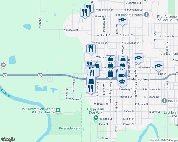 map of restaurants, bars, coffee shops, grocery stores, and more near 147-199 N State St in Iola