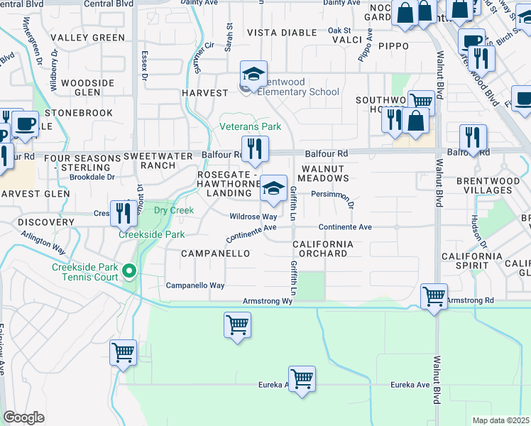 map of restaurants, bars, coffee shops, grocery stores, and more near 178 Laurian Court in Brentwood