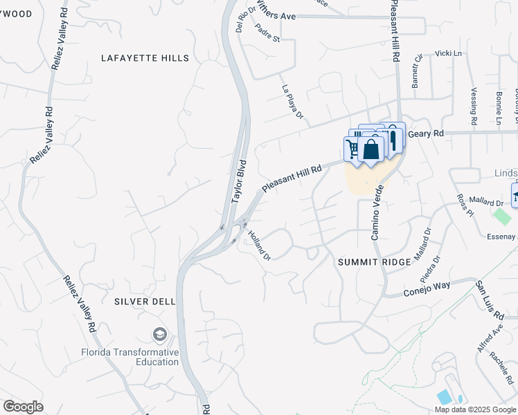 map of restaurants, bars, coffee shops, grocery stores, and more near 1536 Pleasant Hill Road in Lafayette