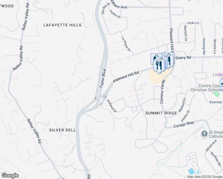 map of restaurants, bars, coffee shops, grocery stores, and more near 1536 Pleasant Hill Road in Lafayette