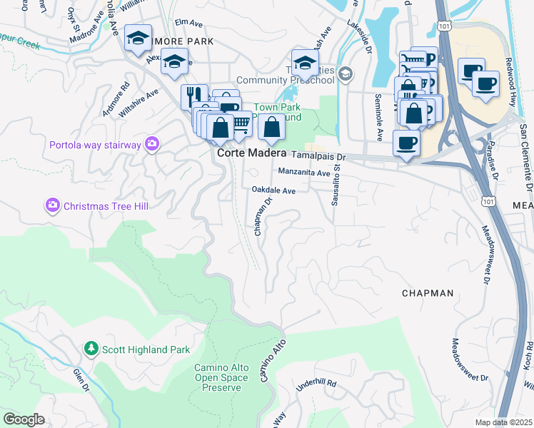 map of restaurants, bars, coffee shops, grocery stores, and more near 440 Chapman Drive in Corte Madera