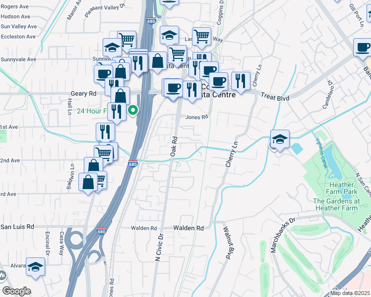 map of restaurants, bars, coffee shops, grocery stores, and more near 2716 Oak Road in Walnut Creek