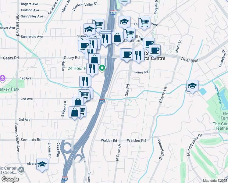 map of restaurants, bars, coffee shops, grocery stores, and more near 2723 Oak Road in Walnut Creek