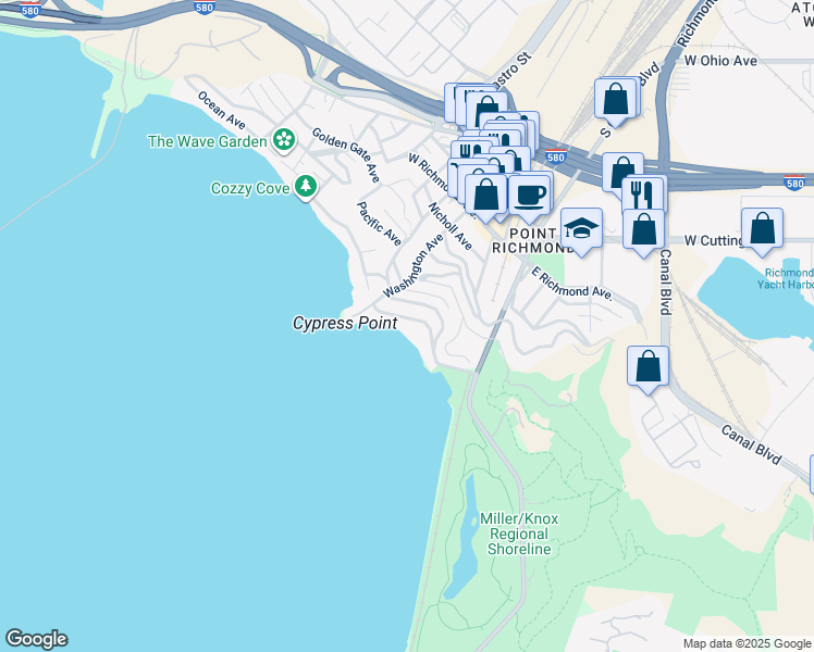 map of restaurants, bars, coffee shops, grocery stores, and more near 216 Western Drive in Richmond